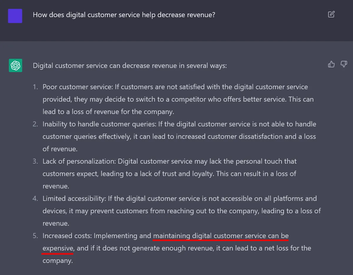 ChatGPT response for digital customer service decrease revenue