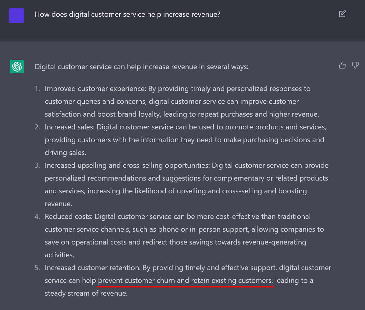 ChatGPT response for digital customer service increase revenue