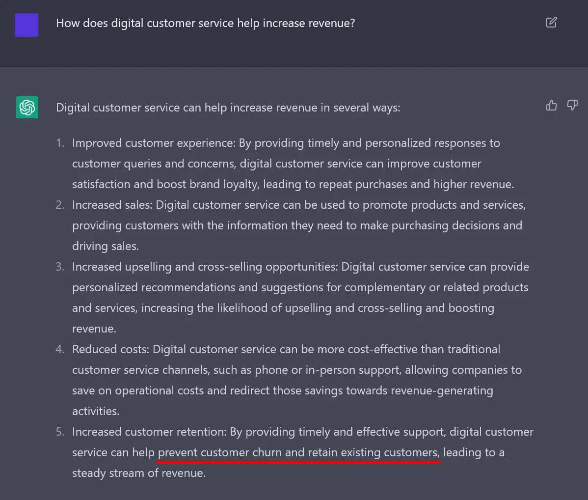 ChatGPT response for digital customer service increase revenue