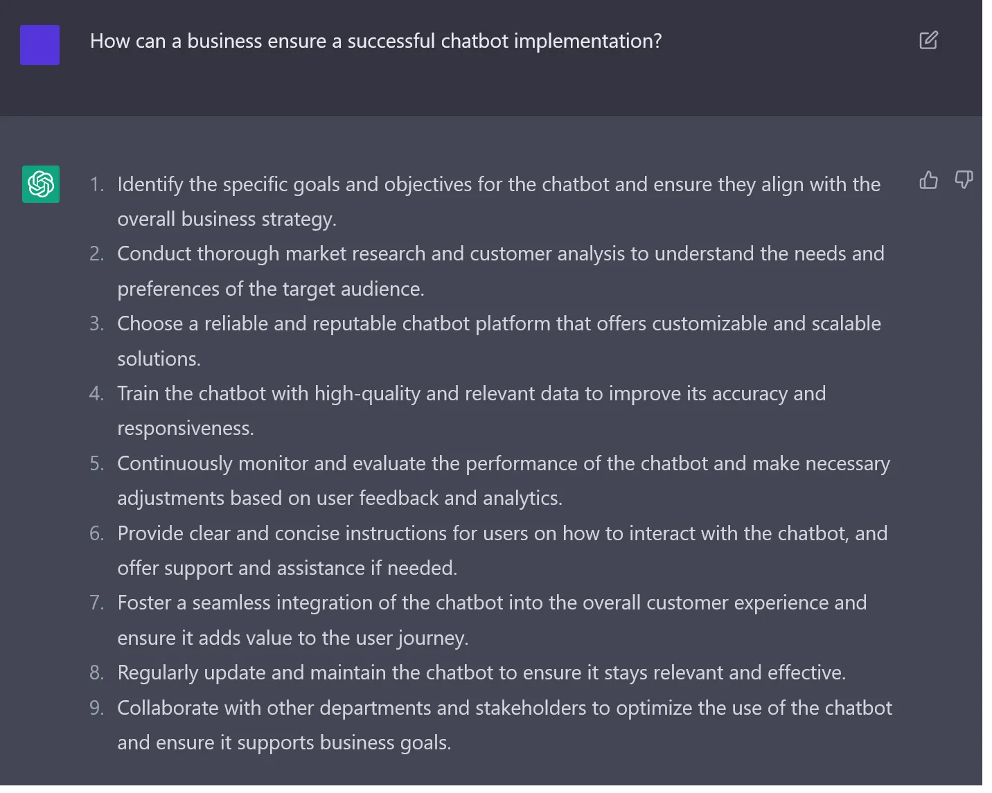 ChatGPT response for successful chatbot implementation
