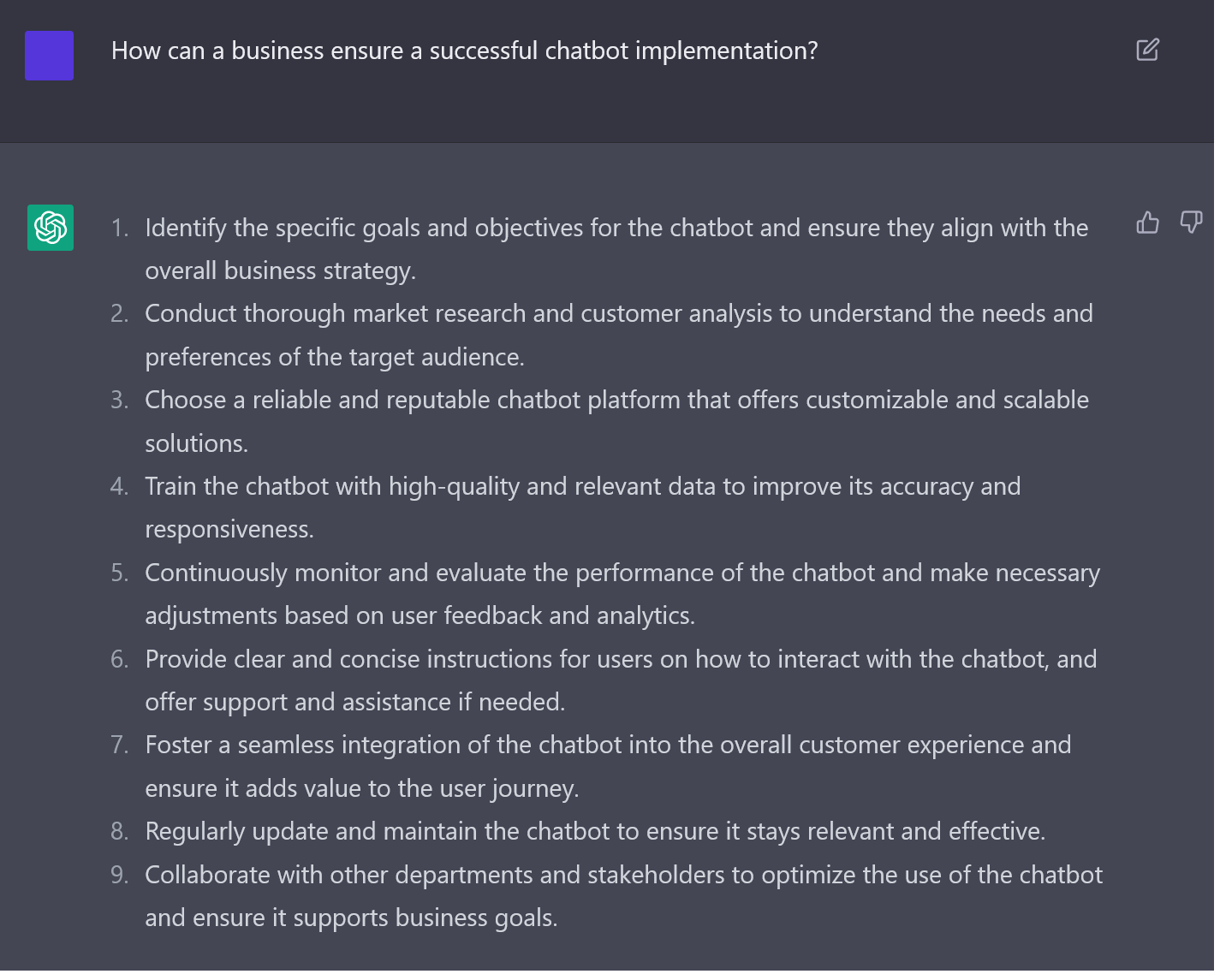 ChatGPT response for successful chatbot implementation