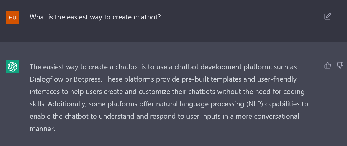ChatGPT response for easiest way to create chatbot